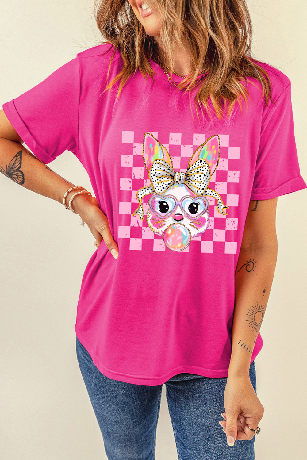 Rose Red Plaid Bubble Gum Rabbit Graphic Eater T Shirt Graphic Tees JT's Designer Fashion