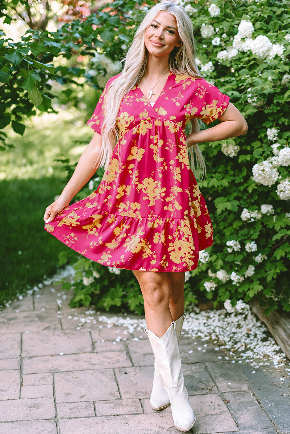 Rose Floral Print Batwing Sleeve Smock Dress Floral Dresses JT's Designer Fashion