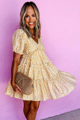 Yellow Floral Short Sleeve V Neck Frilly Tiered Mini Dress Floral Dresses JT's Designer Fashion