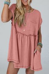 Dusty Pink Corded Knit Textured Patched Pocket Frilled Swing Mini Dress with Pockets Mini Dresses JT's Designer Fashion
