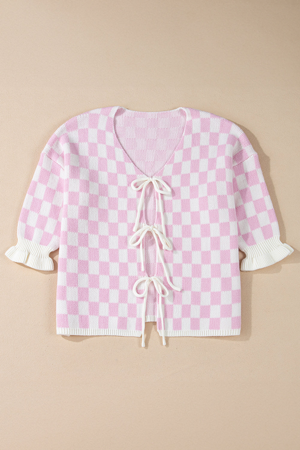Light Pink Checkered Knitted Lace-up Ruffled 3/4 Sleeve Cardigan Cardigans JT's Designer Fashion