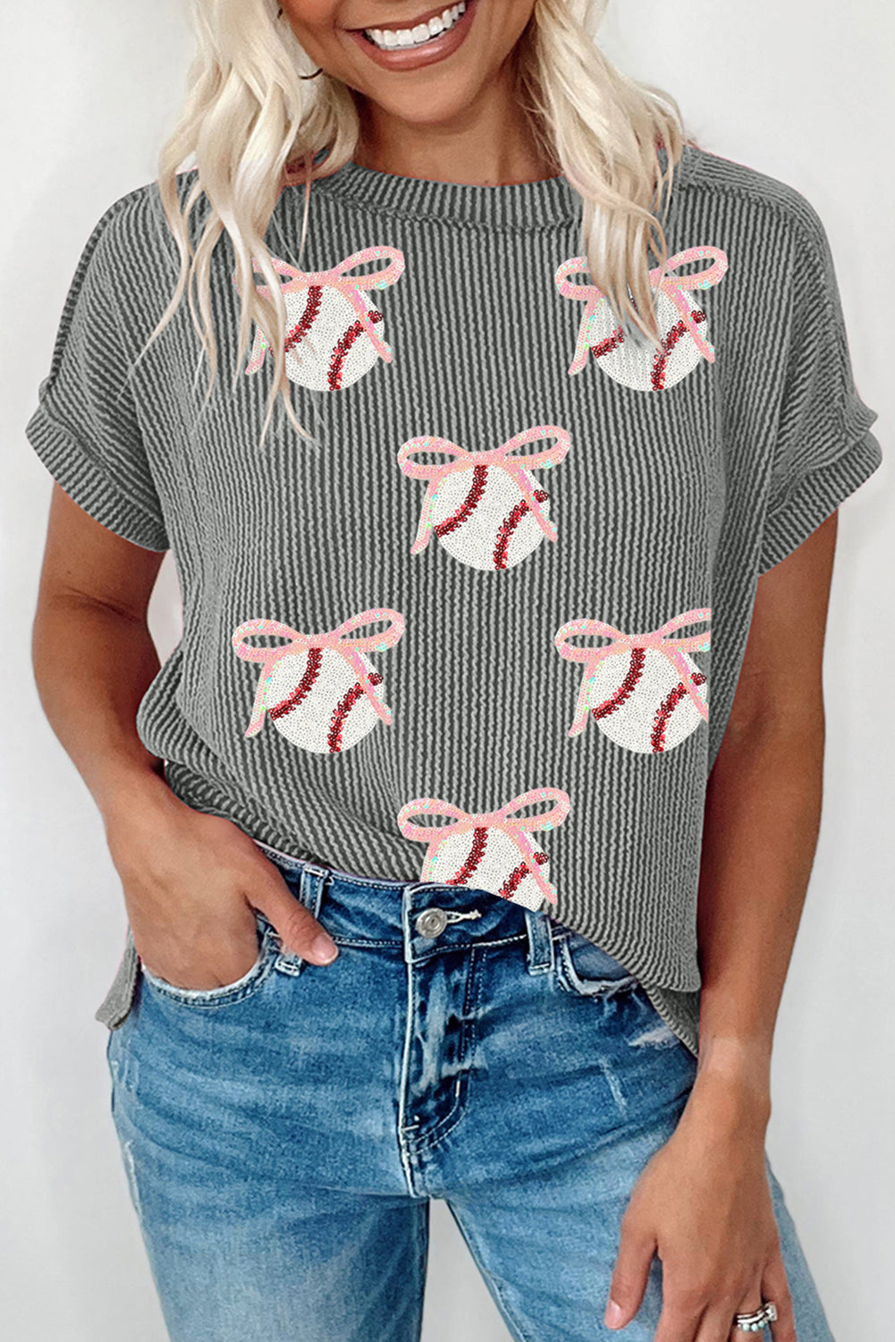 Medium Grey Twist Ribbed Sequined Bow Rugby Game Day Pattern Knit T Shirt Graphic Tees JT's Designer Fashion