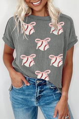Medium Grey Twist Ribbed Sequined Bow Rugby Game Day Pattern Knit T Shirt Graphic Tees JT's Designer Fashion
