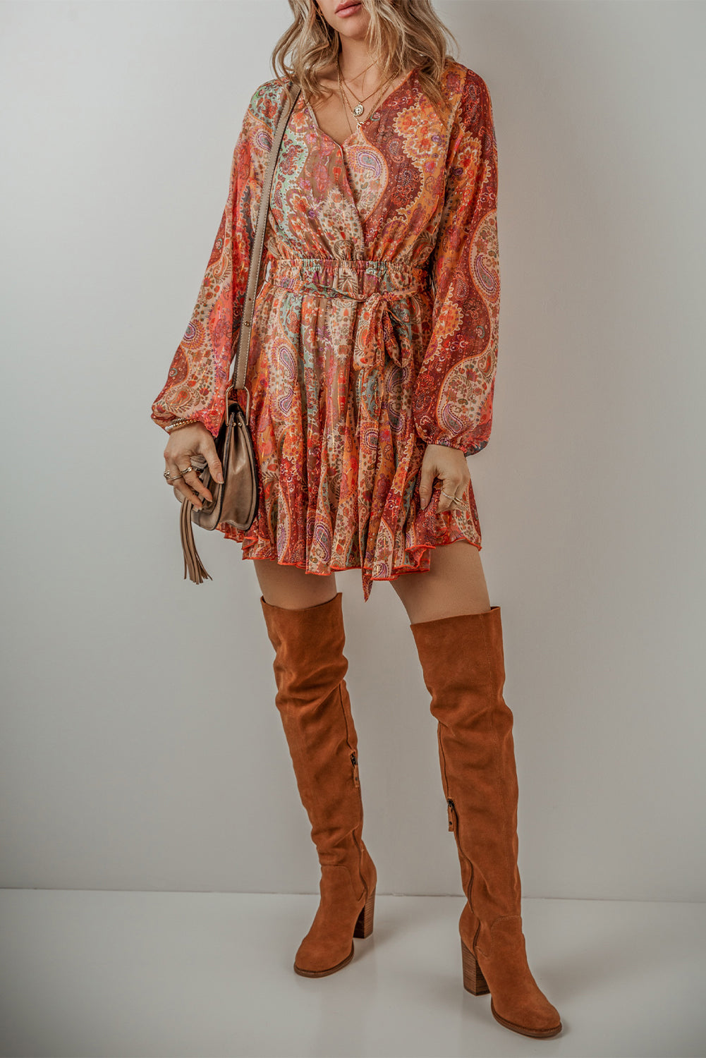 Orange Boho Paisley Print Long Sleeve Pleated Belted Mini Dress Mini Dresses JT's Designer Fashion