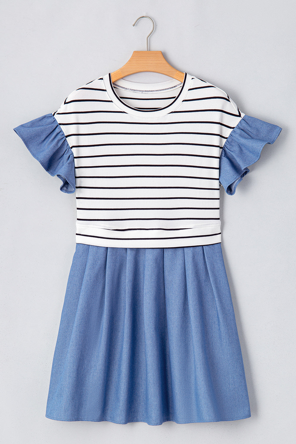 Black Stripe Ruffle Denim Patchwork Round Neck Mini Dress Mini Dresses JT's Designer Fashion