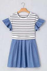 Black Stripe Ruffle Denim Patchwork Round Neck Mini Dress Mini Dresses JT's Designer Fashion