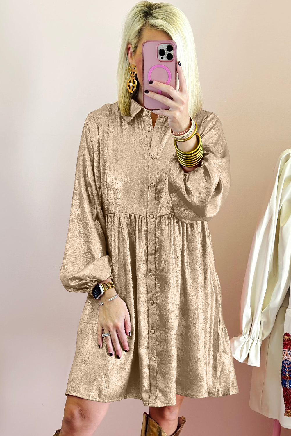 Apricot Metallic Sheen Puff Sleeve Button Up Mini Shirt Dress Mini Dresses JT's Designer Fashion