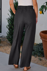 Black Side Pockets Frilled Smocked High Waist Wide Leg Jeans Jeans JT's Designer Fashion