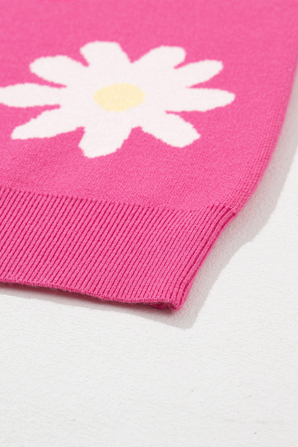 Bright Pink Daisy Flower Crew Neck Long Sleeve Sweater Sweaters JT's Designer Fashion
