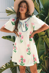 Apricot Floral Short Sleeve Split Neck Loose Mini Dress Floral Dresses JT's Designer Fashion