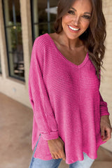 Rose Red Waffle Knit Side Slits Loose Fit V Neck Top Long Sleeve Tops JT's Designer Fashion