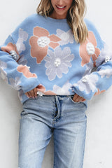 Beau Blue Floral O Neck Drop Shoulder Knitted Sweater Sweaters JT's Designer Fashion