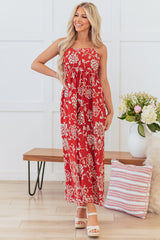 Red Floral Printed Spaghetti Strap Empire Waist Maxi Dress Floral Dresses JT's Designer Fashion