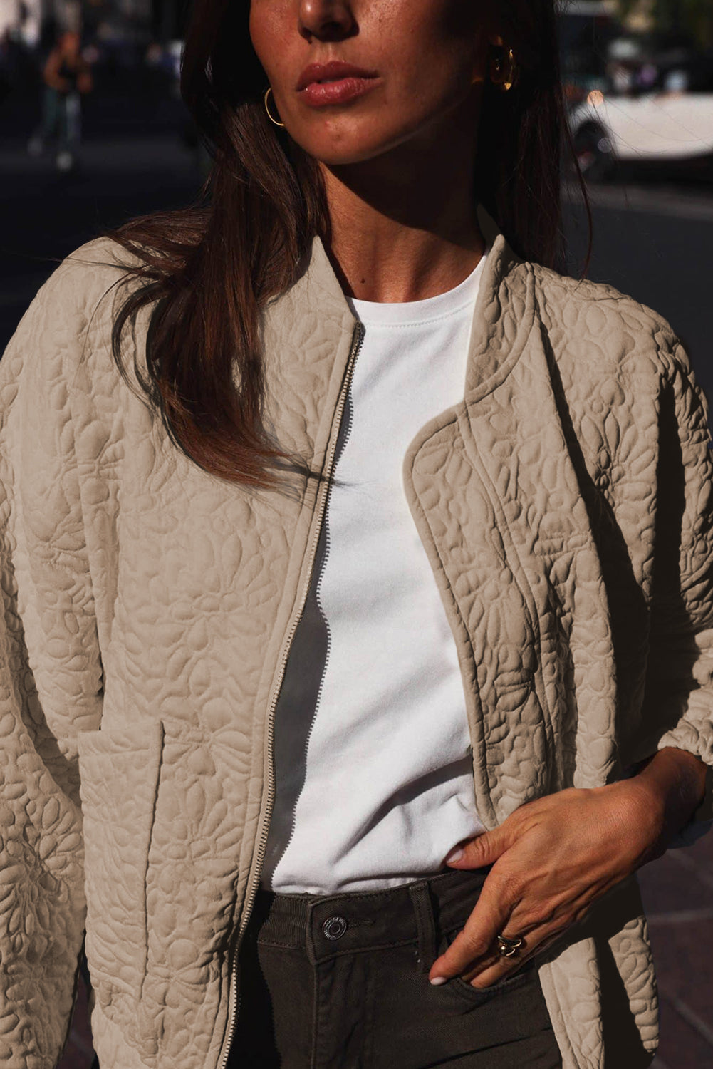 Light French Beige Floral Quilted Jacket Jackets JT's Designer Fashion