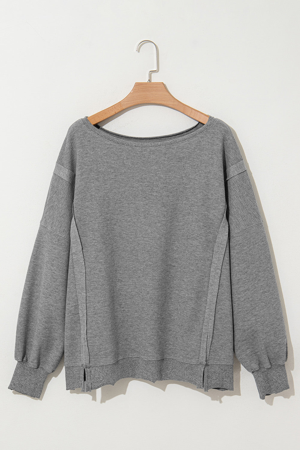 Gray Waffle knit Bishop Sleeve Split Oversized Top Long Sleeve Tops JT's Designer Fashion