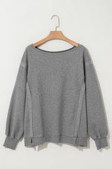 Gray Waffle knit Bishop Sleeve Split Oversized Top Long Sleeve Tops JT's Designer Fashion