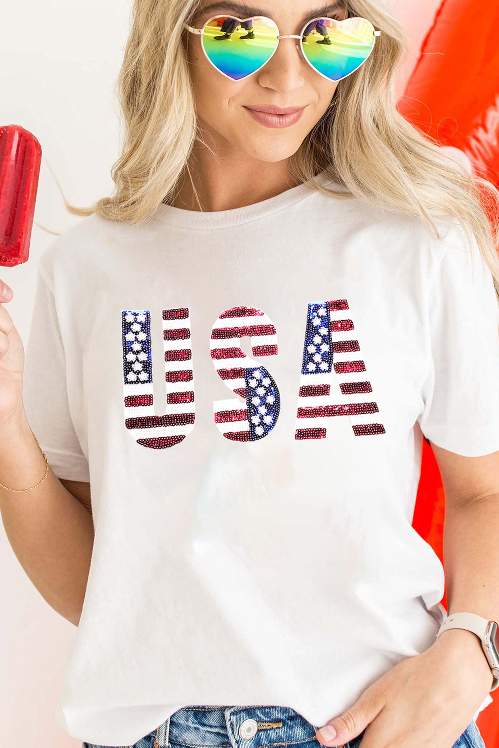 White USA Flag Sequin Patched Round Neck T Shirt Graphic Tees JT's Designer Fashion
