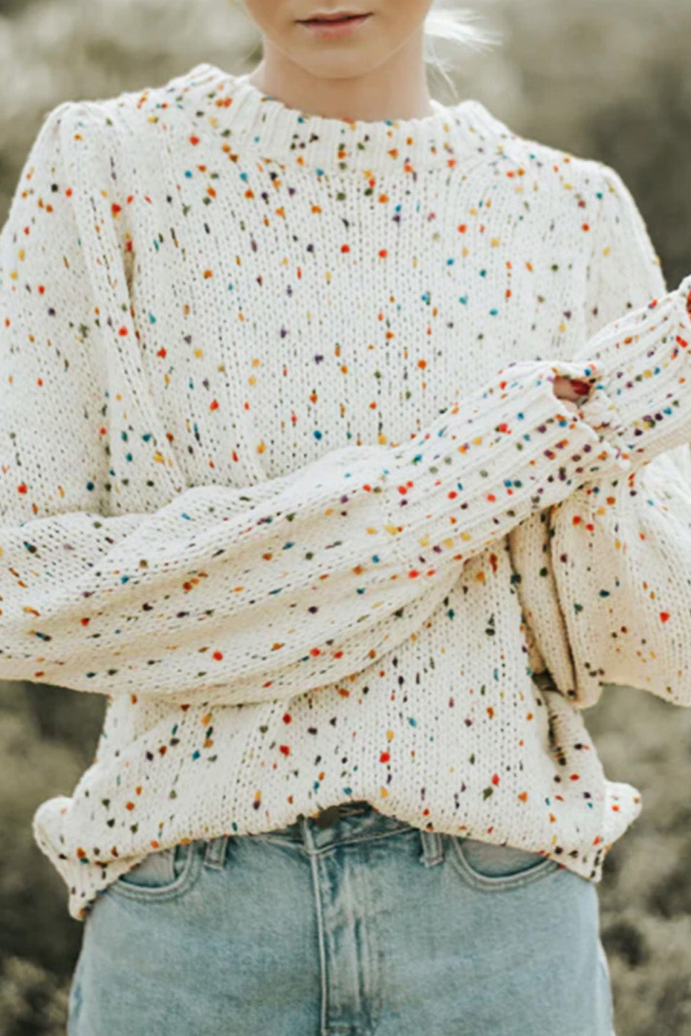 Beige Colorful Confetti Dots Cable Knit Crew Neck Sweater Beige 50%Polyester+30%Polyamide+20%Acrylic Sweaters JT's Designer Fashion