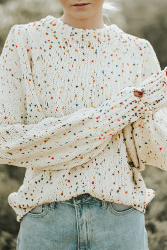 Beige Colorful Confetti Dots Cable Knit Crew Neck Sweater Beige 50%Polyester+30%Polyamide+20%Acrylic Sweaters JT's Designer Fashion