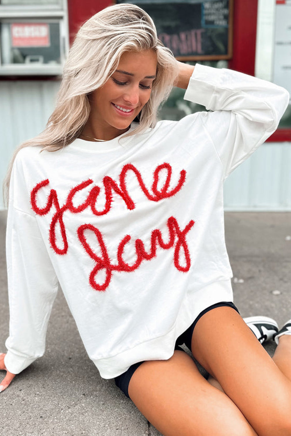 White Tinsel Game Day Drop Shoulder Graphic Sweatshirt Sweatshirts & Hoodies JT's Designer Fashion