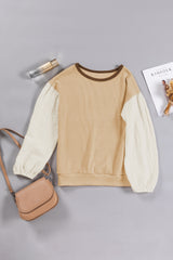 Smoke Gray Textured Patchwork Crew Neck Puff Sleeves Top Long Sleeve Tops JT's Designer Fashion