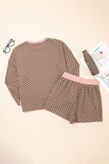Brown Checkerboard Long Sleeve Pullover and Shorts Set Short Sets JT's Designer Fashion