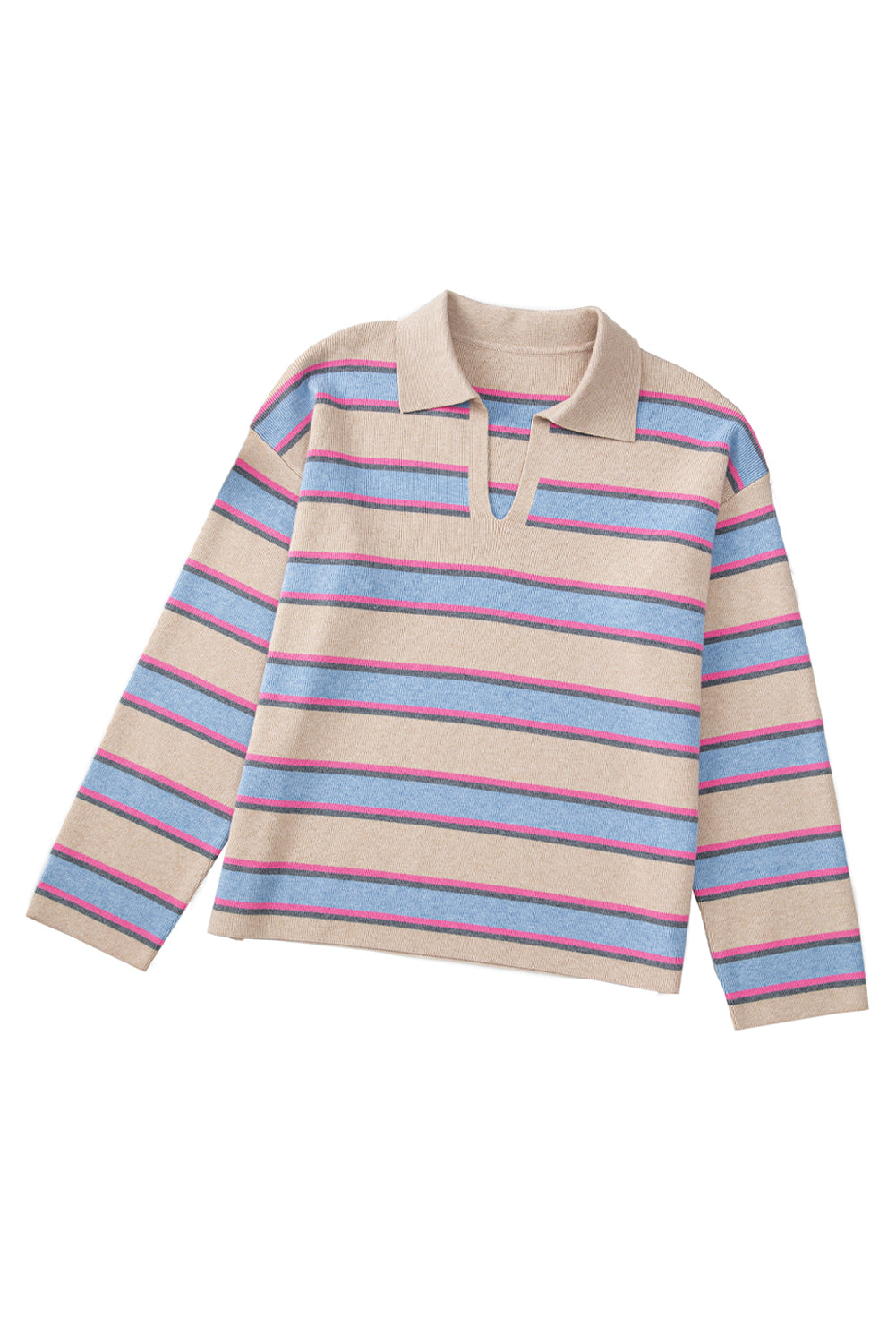 Apricot Stripe Collared V Neck Drop Shoulder Loose Sweater Sweaters JT's Designer Fashion