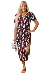 Red Western Aztec Printed Long T-shirt Dress T Shirt Dresses JT's Designer Fashion