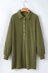 Moss Green Corded Buttons Placket Drop Shoulder Collared Shift Dress Mini Dresses JT's Designer Fashion