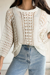 White Hollow Out Knit Bracelet Sleeve Drop Shoulder Sweater Sweaters JT's Designer Fashion
