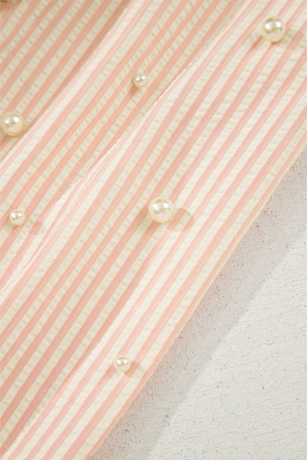 Pink Stripe Bow Knot Cuff Pearl Embellished Puff Sleeve V Neck Blouse Blouses & Shirts JT's Designer Fashion