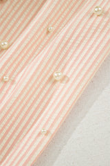 Pink Stripe Bow Knot Cuff Pearl Embellished Puff Sleeve V Neck Blouse Blouses & Shirts JT's Designer Fashion