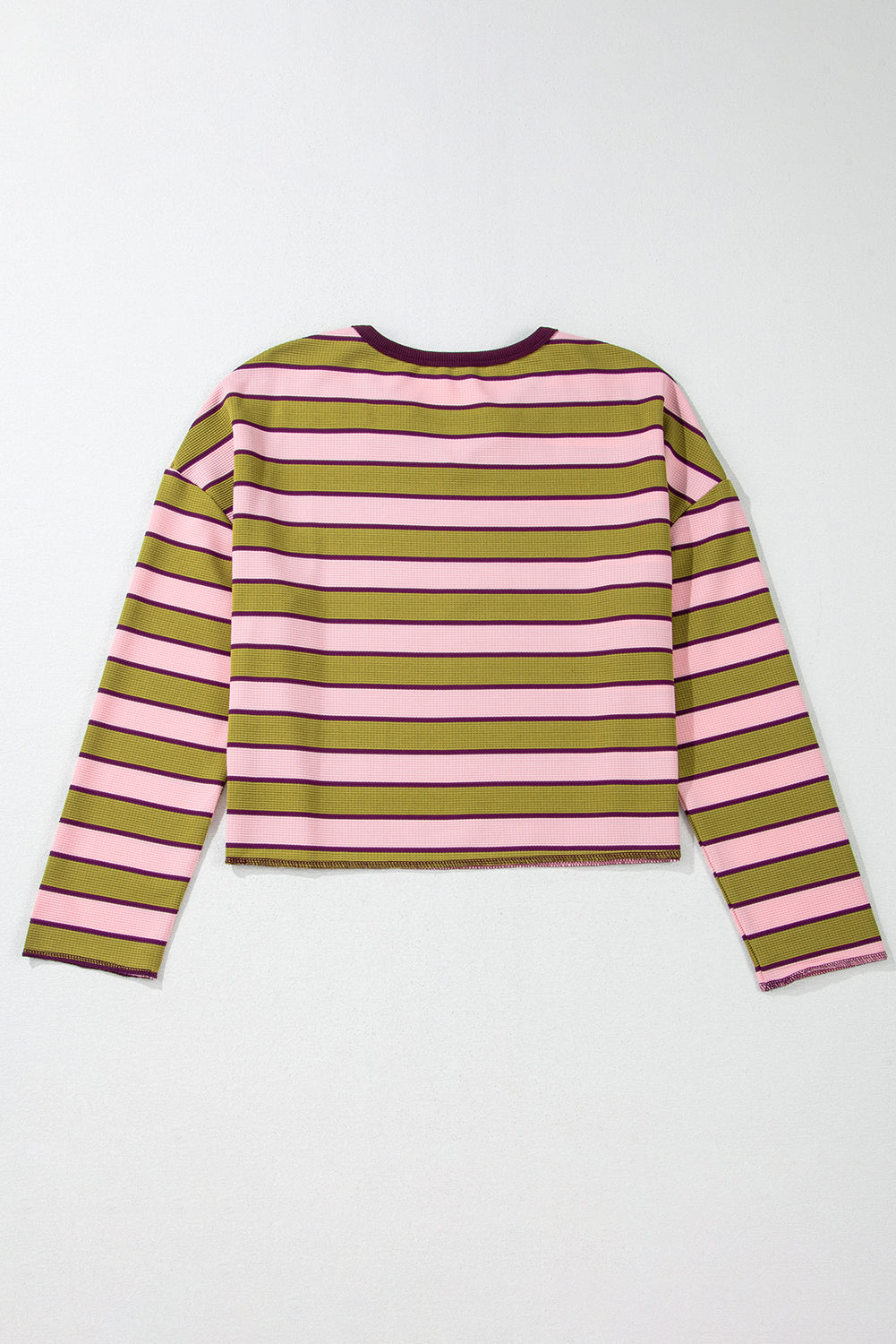 Spinach Green Clashing Stripes Waffle Texture Notched Neck Long Sleeve Top Long Sleeve Tops JT's Designer Fashion