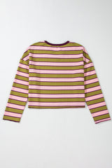 Spinach Green Clashing Stripes Waffle Texture Notched Neck Long Sleeve Top Long Sleeve Tops JT's Designer Fashion