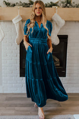 Prussian Blue Velvet Short Sleeve Shirred Waist Tiered Long Dress Maxi Dresses JT's Designer Fashion
