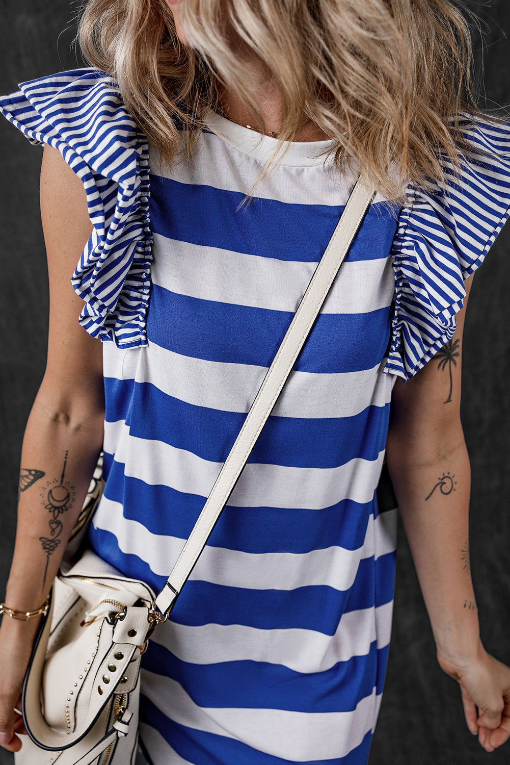 Sky Blue Stripe Contrast Ruffled Sleeve T-shirt Dress T Shirt Dresses JT's Designer Fashion