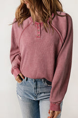 Fiery Red Waffle Knit Raglan Sleeve Henley Sweatshirt Sweatshirts & Hoodies JT's Designer Fashion