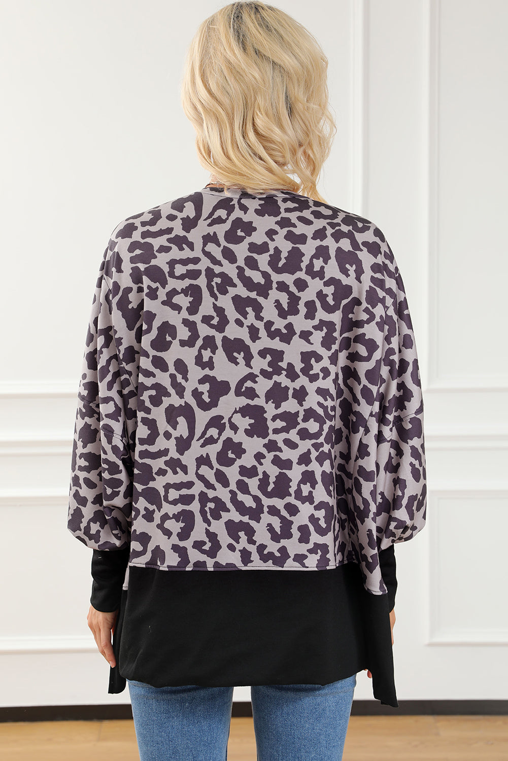 Black Leopard Patchwork Bishop Sleeve Slit Sweatshirt Sweatshirts & Hoodies JT's Designer Fashion