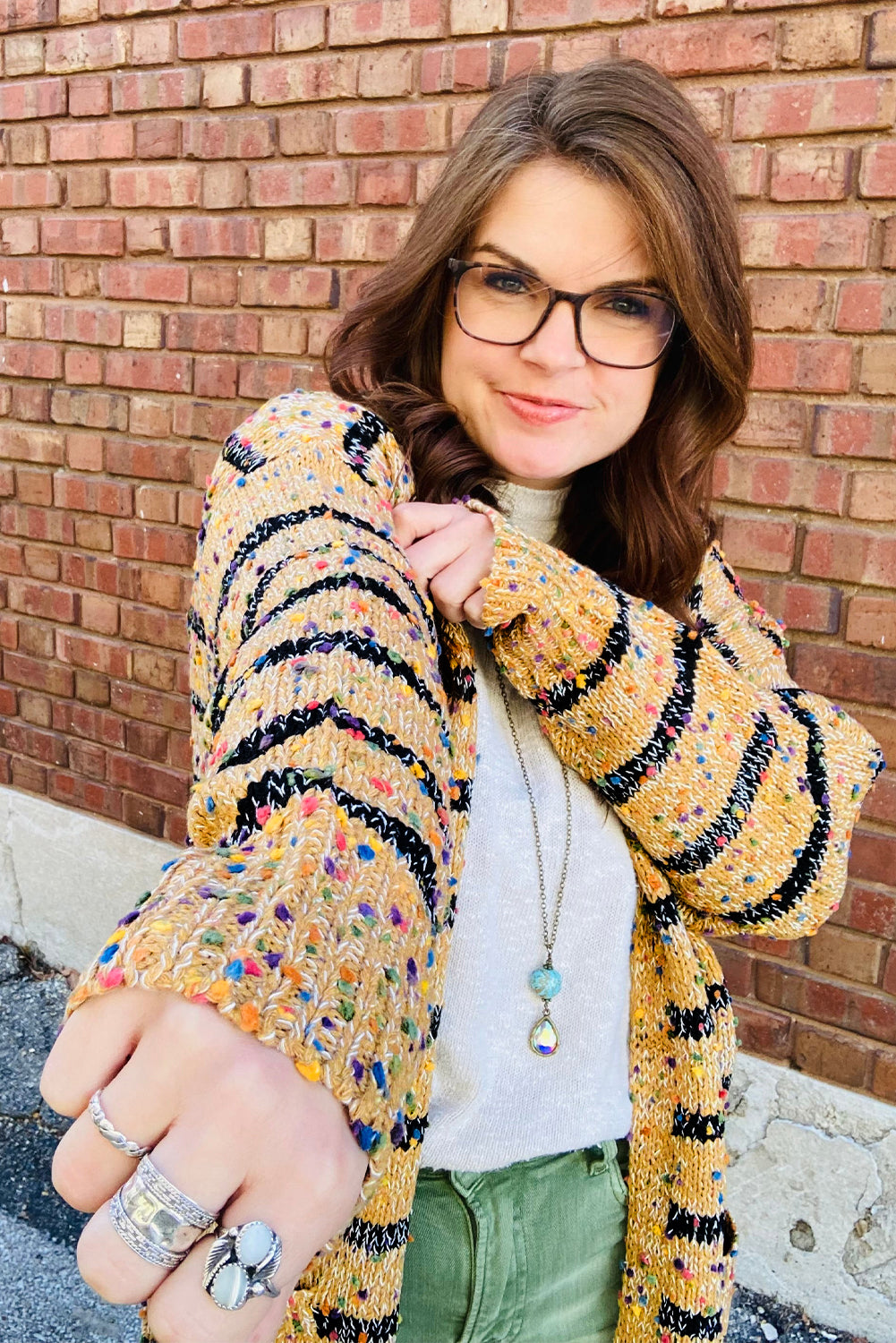 Beige Striped Pom Pom Knit Open Front Long Cardigan Cardigans JT's Designer Fashion
