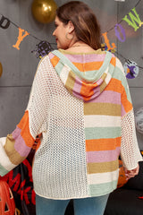 Beige Pointelle Knit Colorblock Patchwork V Neck Hooded Plus Sweater Plus Size Sweaters & Cardigans JT's Designer Fashion
