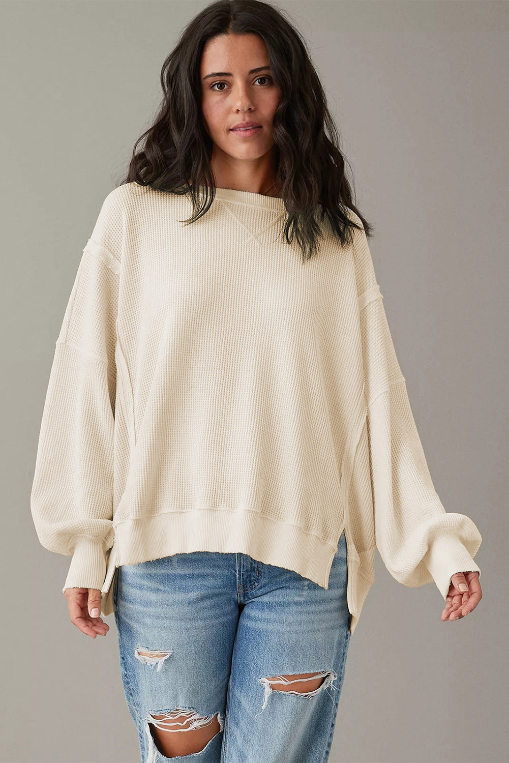 White Waffle Knit Bishop Sleeve Split Oversized Sweatshirt Sweatshirts & Hoodies JT's Designer Fashion