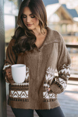 Brown Western Printed Ribbed Trim Collared Zip up Cardigan Cardigans JT's Designer Fashion