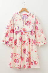 White Floral Print Lace up V Neck Balloon Sleeve Plus Size Shift Mini Dress Plus Size Mini Dresses JT's Designer Fashion