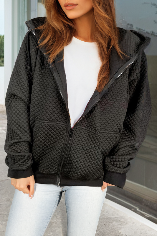 Black Quilted Side Pockets Zipper Hooded Jacket Black 97%Polyester+3%Elastane Jackets JT's Designer Fashion