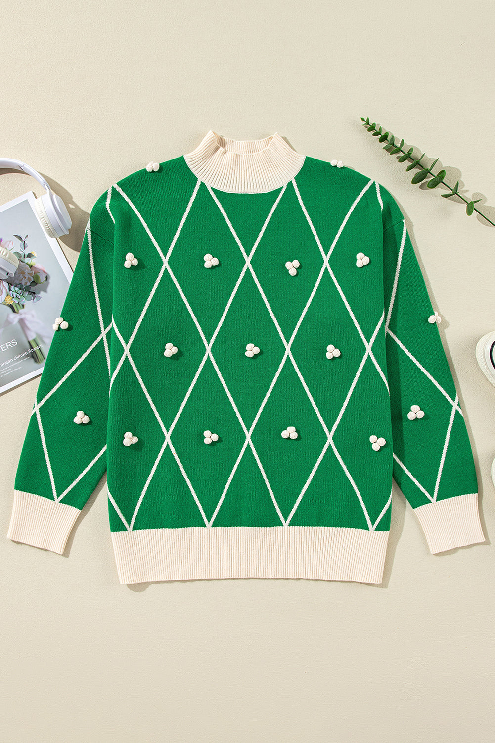 Dark Green Diamond Pattern Pom Accents Contrast Trim High Neck Sweater Sweaters JT's Designer Fashion