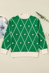 Dark Green Diamond Pattern Pom Accents Contrast Trim High Neck Sweater Sweaters JT's Designer Fashion