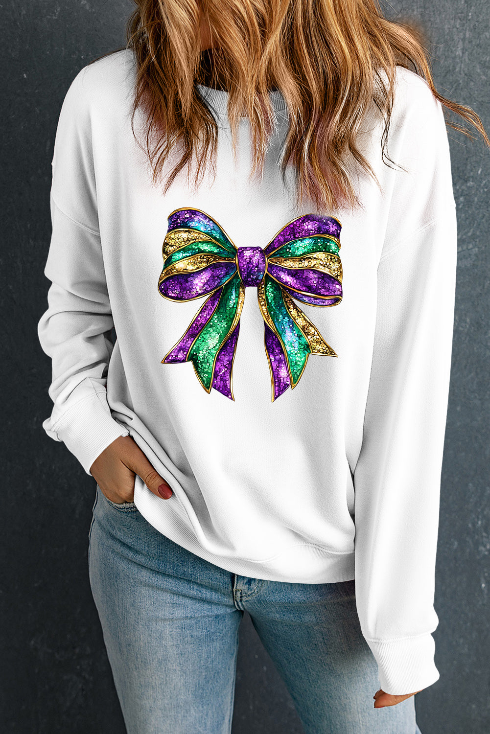 White Mardi Gras Bow Graphic Drop Shoulder Sweatshirt Graphic Sweatshirts JT's Designer Fashion