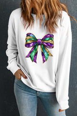 White Mardi Gras Bow Graphic Drop Shoulder Sweatshirt Graphic Sweatshirts JT's Designer Fashion