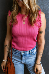Bright Pink Frilly Trim Ribbed Knit Round Neck Tank Top Sweaters & Cardigans JT's Designer Fashion