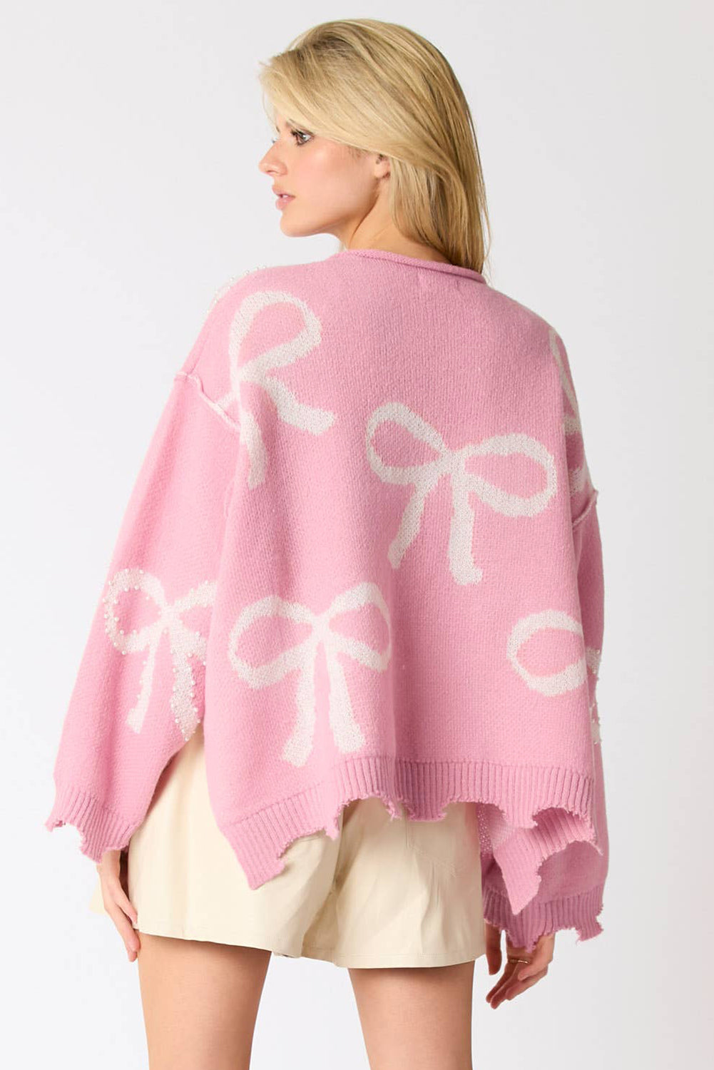Pink Pearl Beaded Bowknot Pattern Distressed Split Hem Sweater Sweaters JT's Designer Fashion